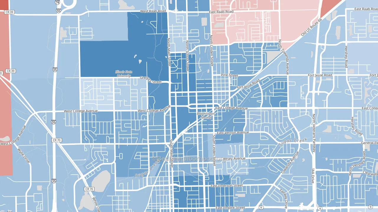 Downtown Normal, Normal, IL block-group political-lean map