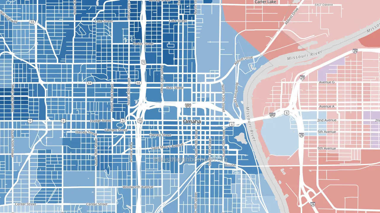 Downtown Omaha, Omaha, NE block-group political-lean map