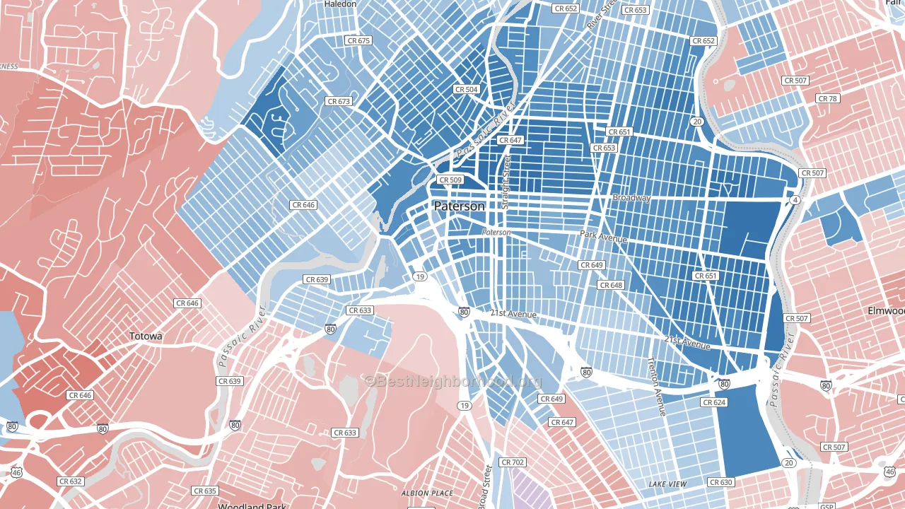 Downtown Paterson, Paterson, NJ block-group political-lean map