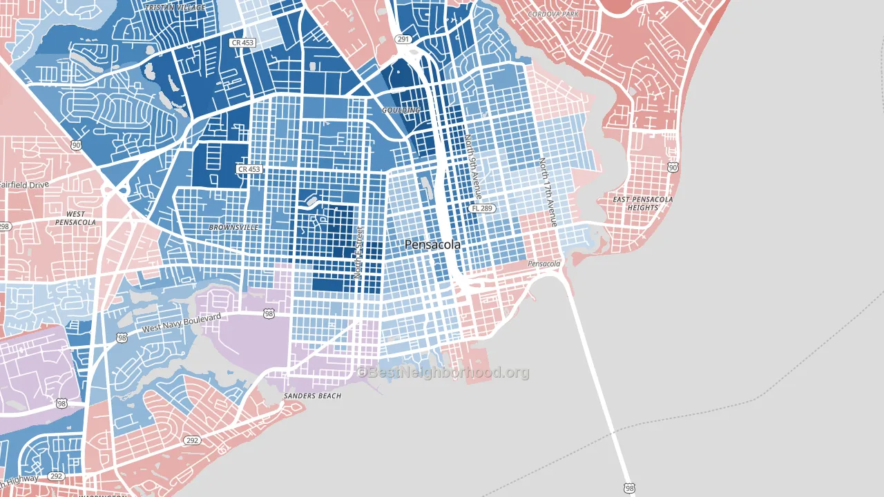 Downtown Pensacola, Pensacola, FL block-group political-lean map