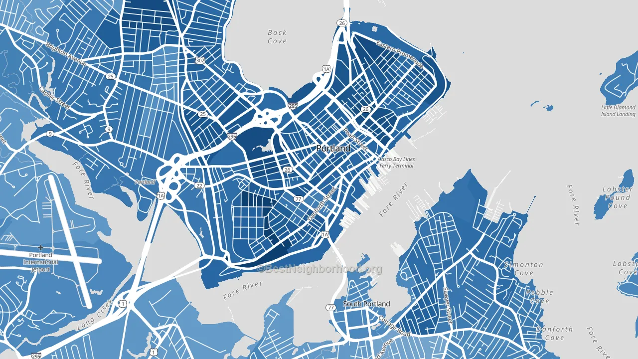 Downtown, Portland, ME block-group political-lean map