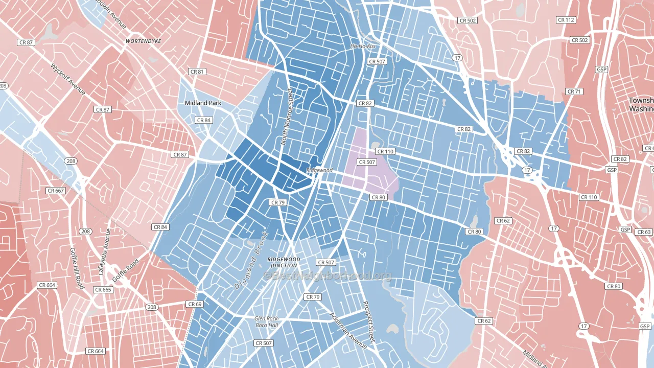 Downtown Ridgewood, Ridgewood, NJ block-group political-lean map