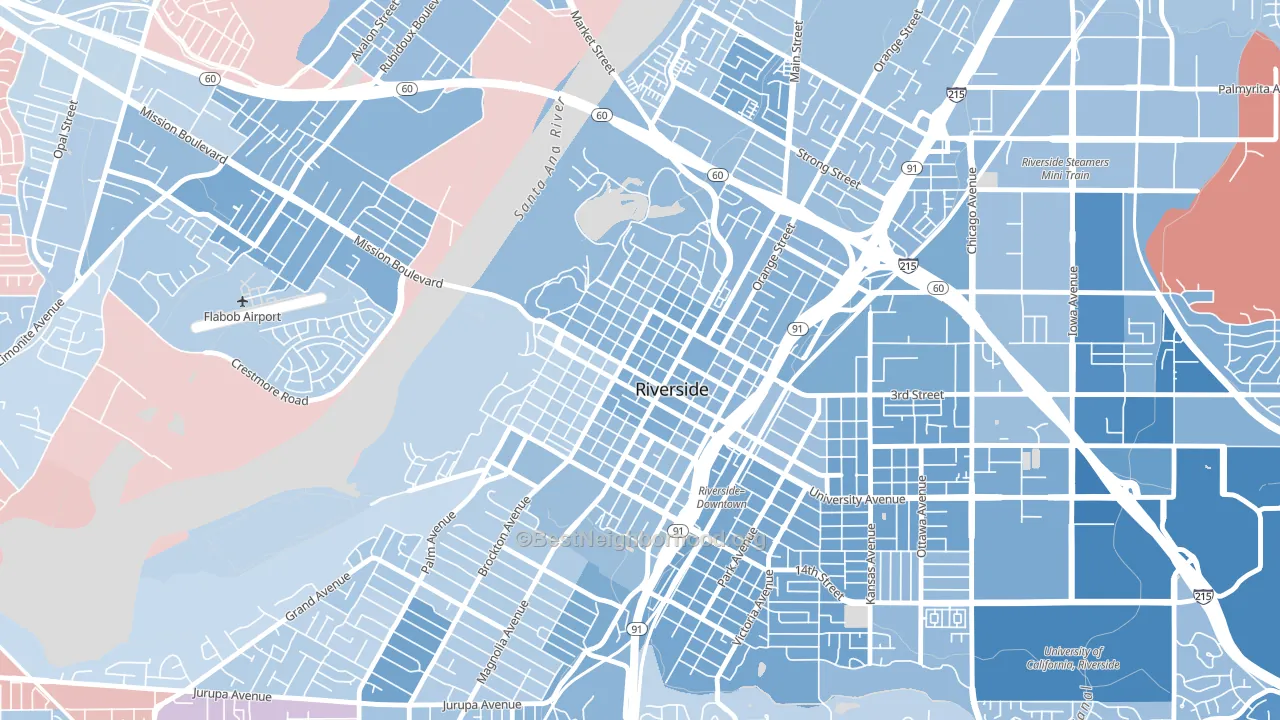 Downtown Riverside, Riverside, CA block-group political-lean map