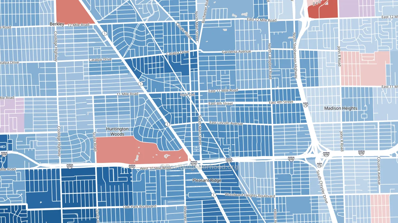 Downtown Royal Oak, Royal Oak, MI block-group political-lean map