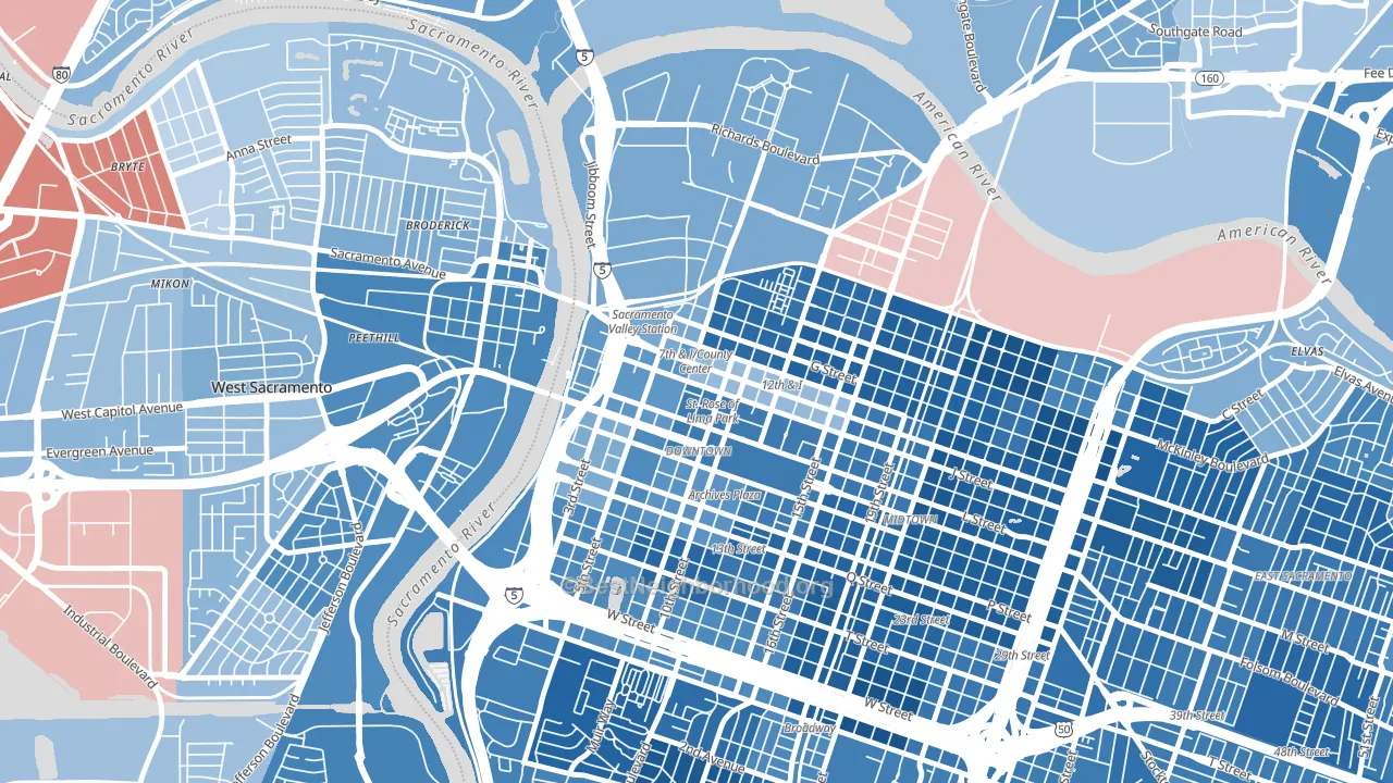 Downtown Sacramento, Sacramento, CA block-group political-lean map