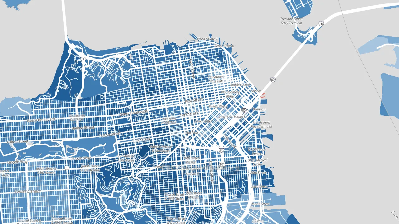 Downtown San Francisco, San Francisco, CA block-group political-lean map