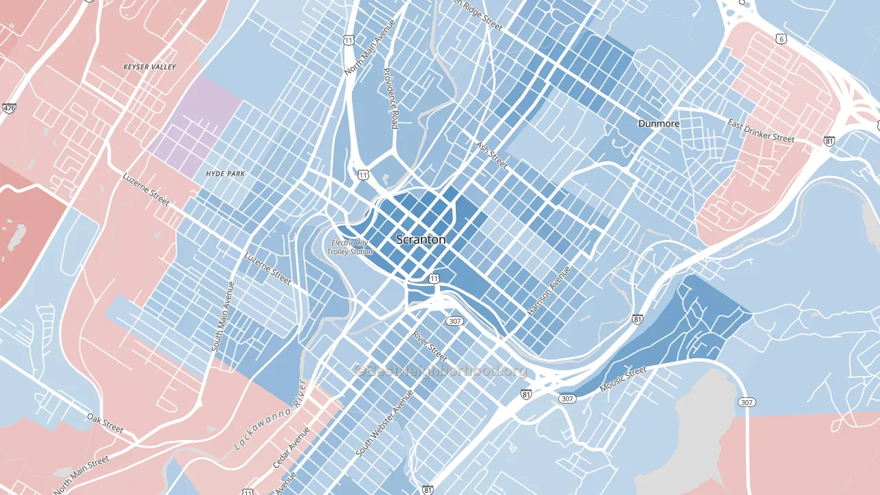 Downtown, Scranton, PA block-group political-lean map