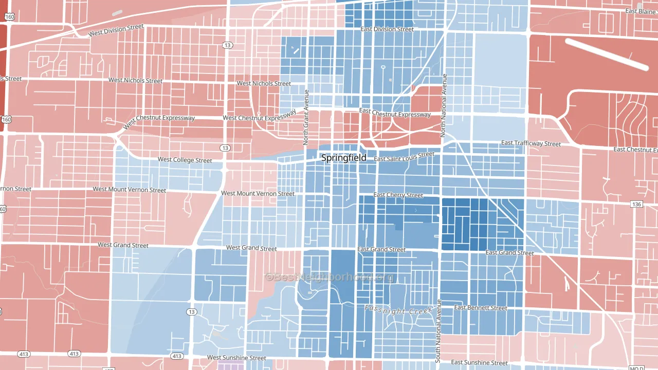 Downtown Springfield, Springfield, MO block-group political-lean map