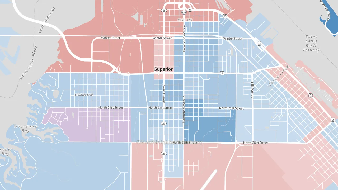 Downtown, Superior, WI block-group political-lean map