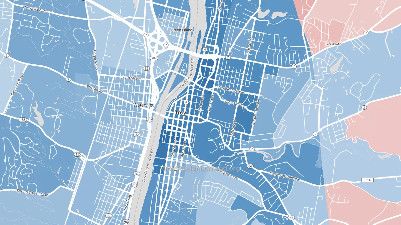 Downtown Troy, Troy, NY block-group political-lean map