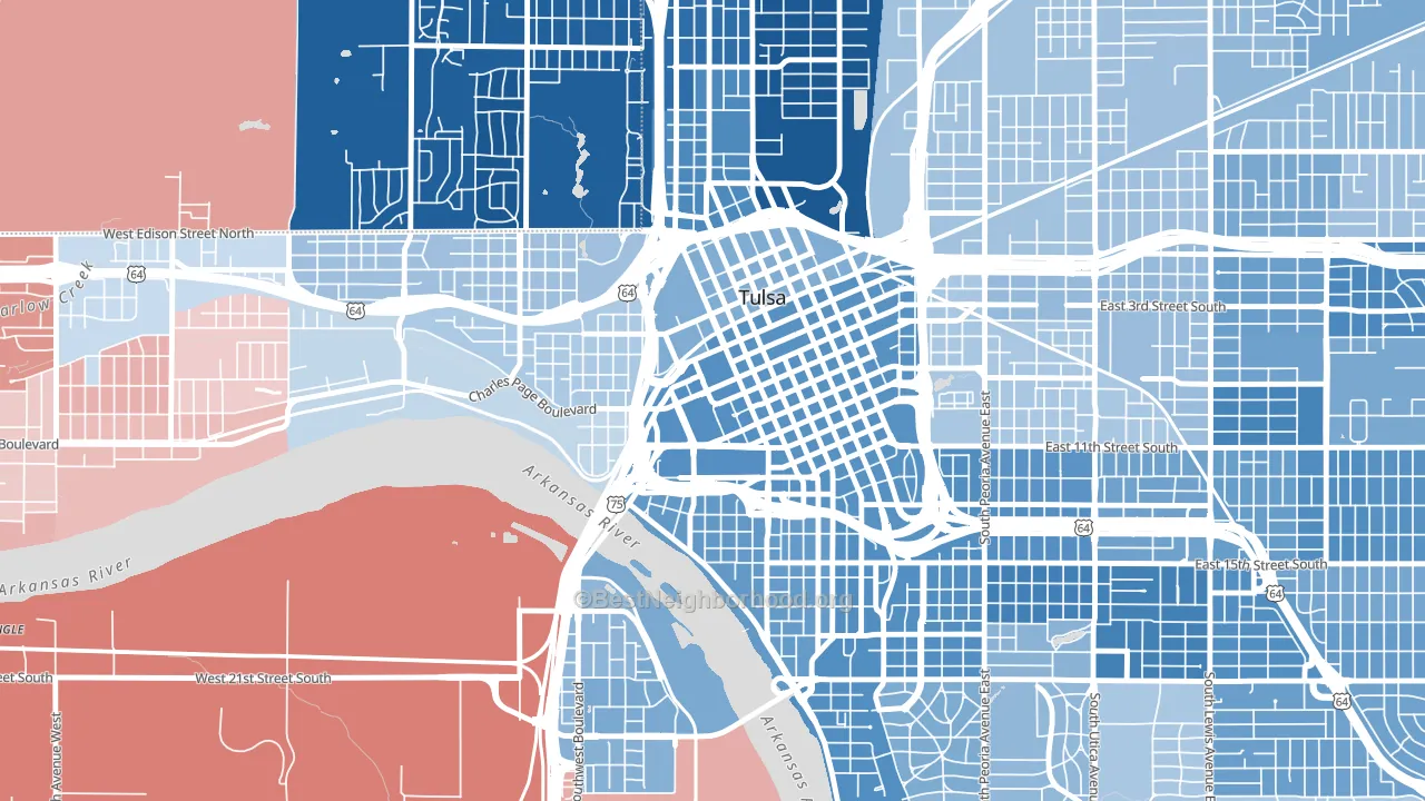 Downtown Tulsa, Tulsa, OK block-group political-lean map