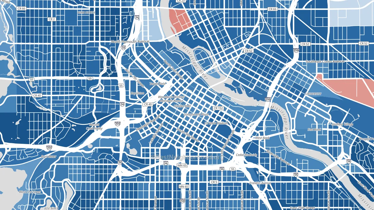 Downtown West, Minneapolis, MN block-group political-lean map