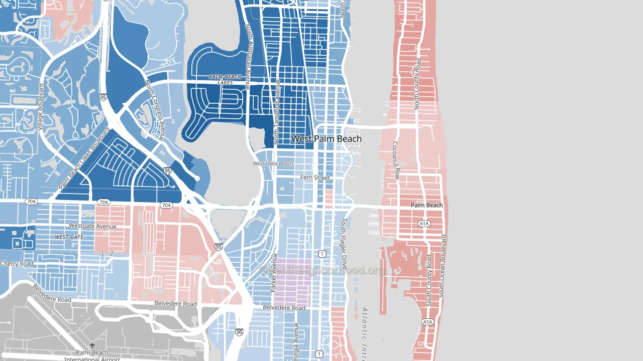 Downtown West Palm Beach, West Palm Beach, FL block-group political-lean map