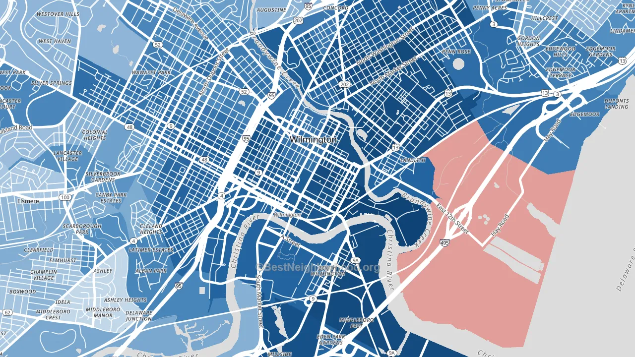 Downtown, Wilmington, DE block-group political-lean map