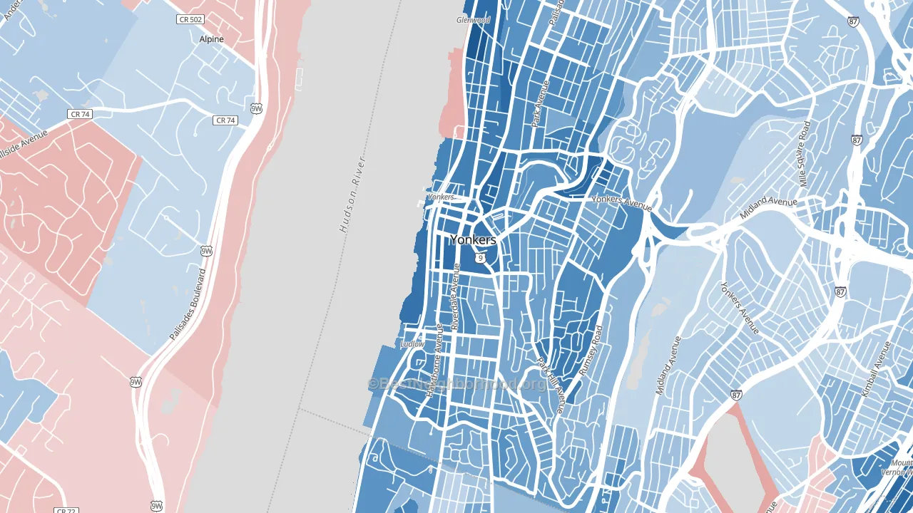 Downtown Yonkers, Yonkers, NY block-group political-lean map