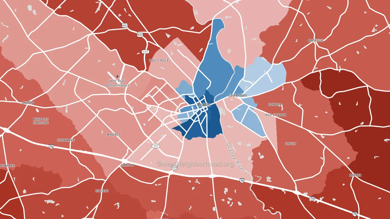 Dublin, GA block-group political-lean map