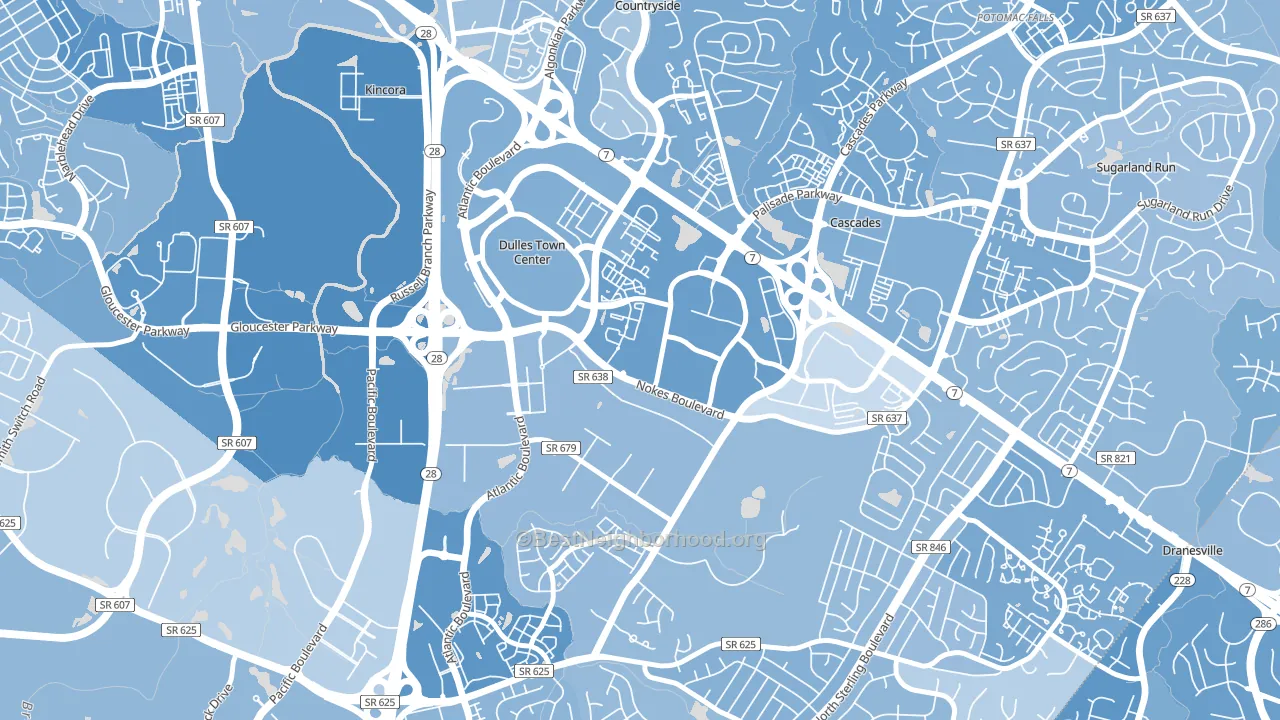 Dulles Town Center, VA block-group political-lean map