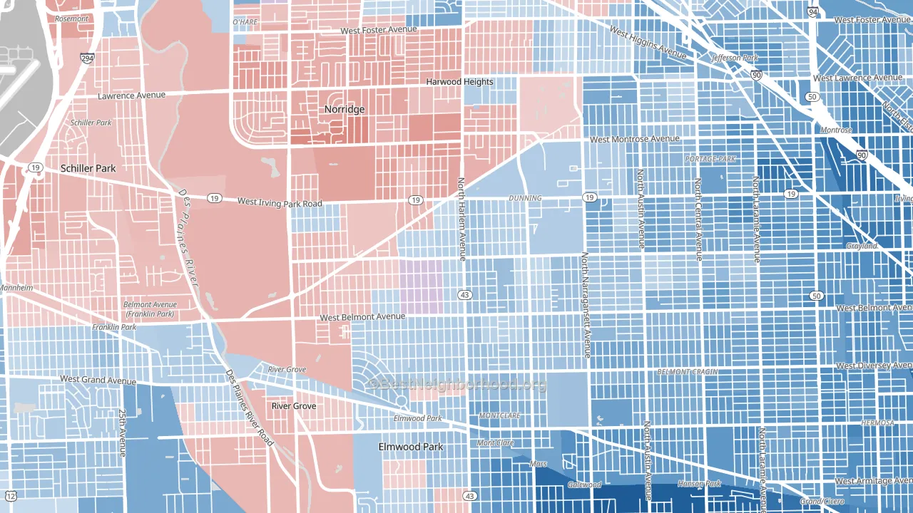 Dunning, Chicago, IL block-group political-lean map