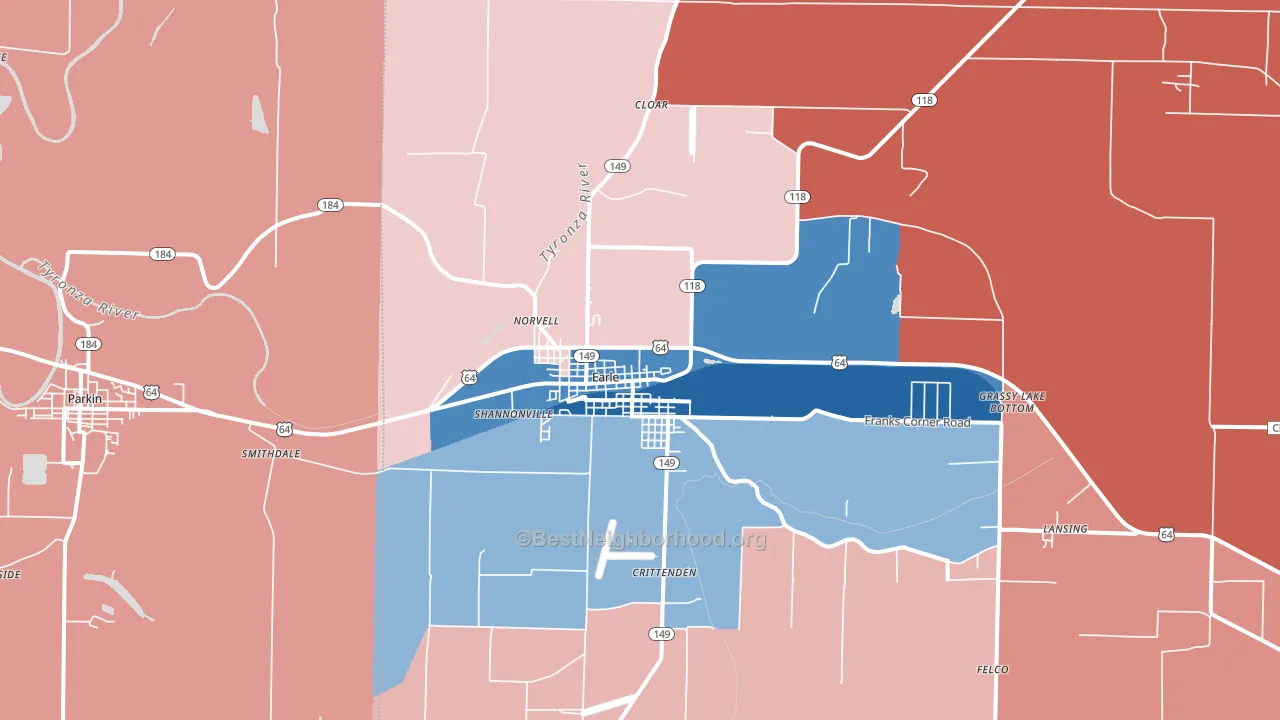 Earle, AR block-group political-lean map