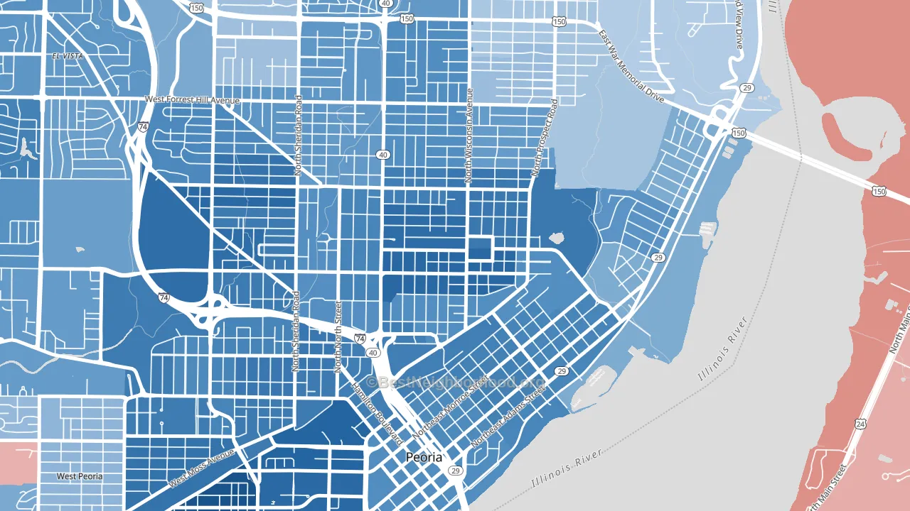 East Bluff, Peoria, IL block-group political-lean map