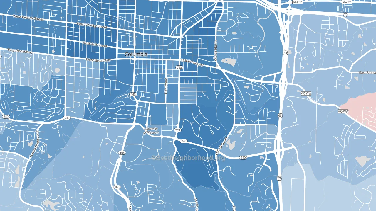 East Campus, Columbia, MO block-group political-lean map
