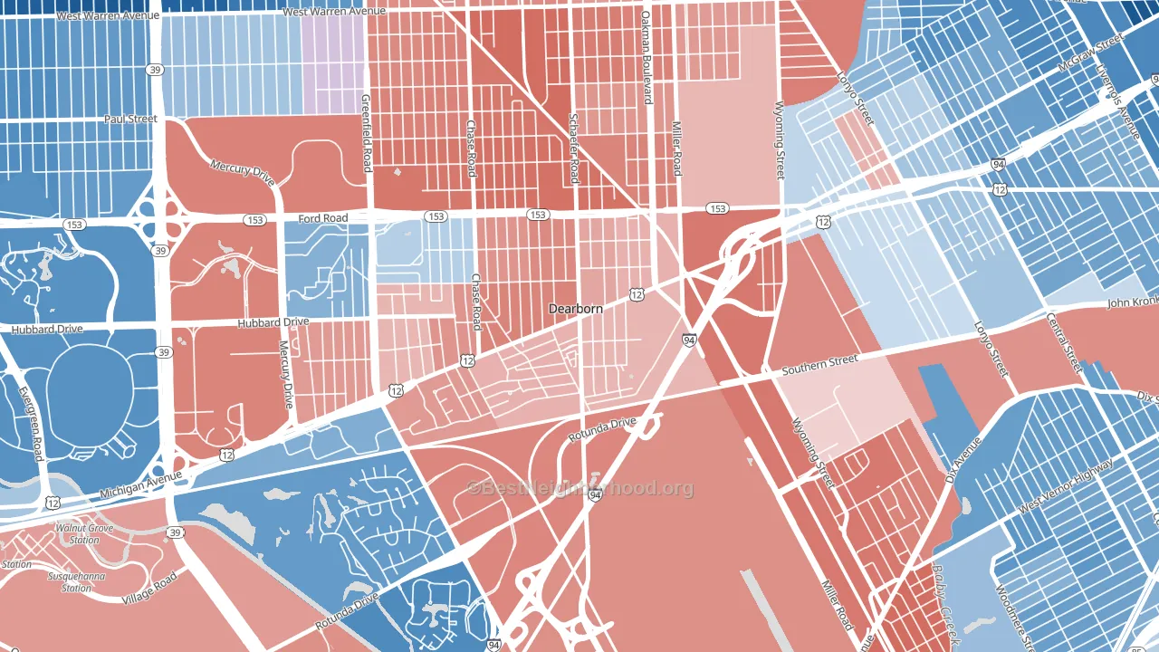 East Downtown Dearborn, Dearborn, MI block-group political-lean map