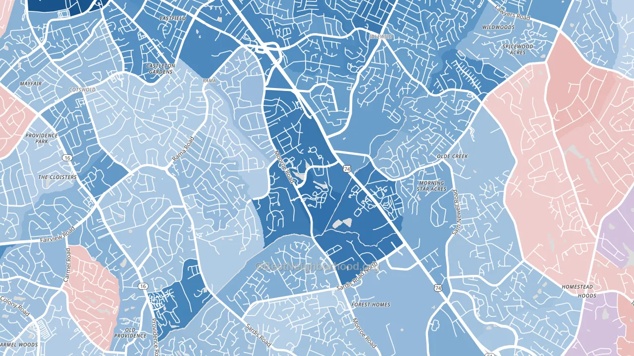 East Forest, Charlotte, NC block-group political-lean map