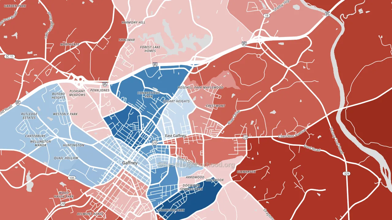 East Gaffney, SC block-group political-lean map