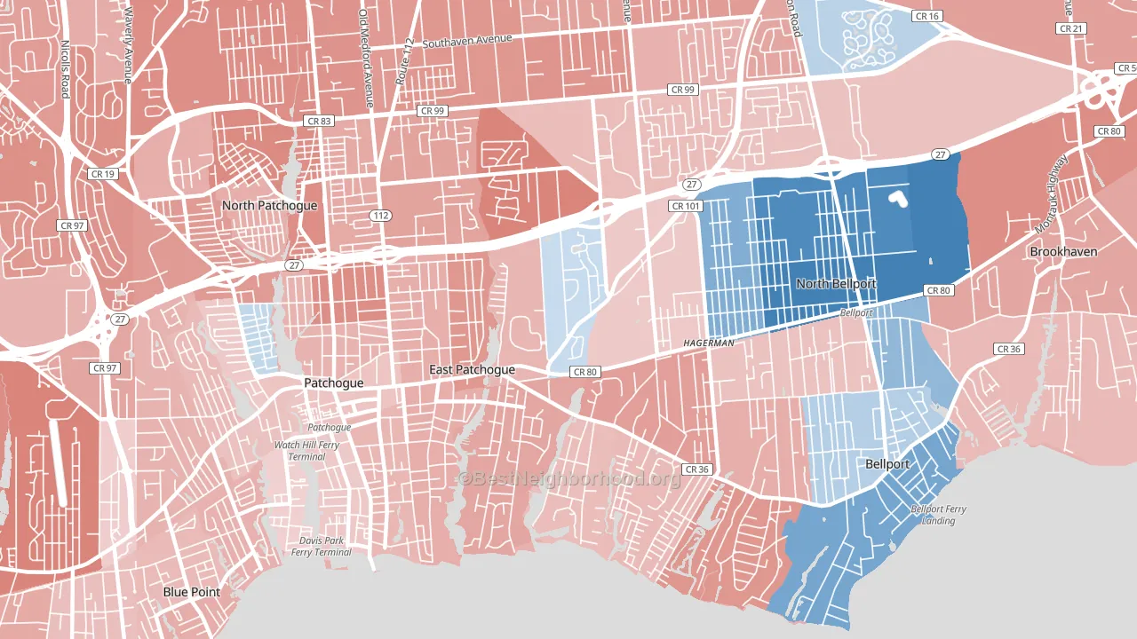 East Patchogue, NY block-group political-lean map