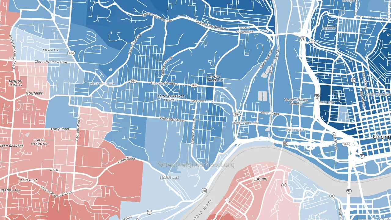 East Price Hill, Cincinnati, OH block-group political-lean map