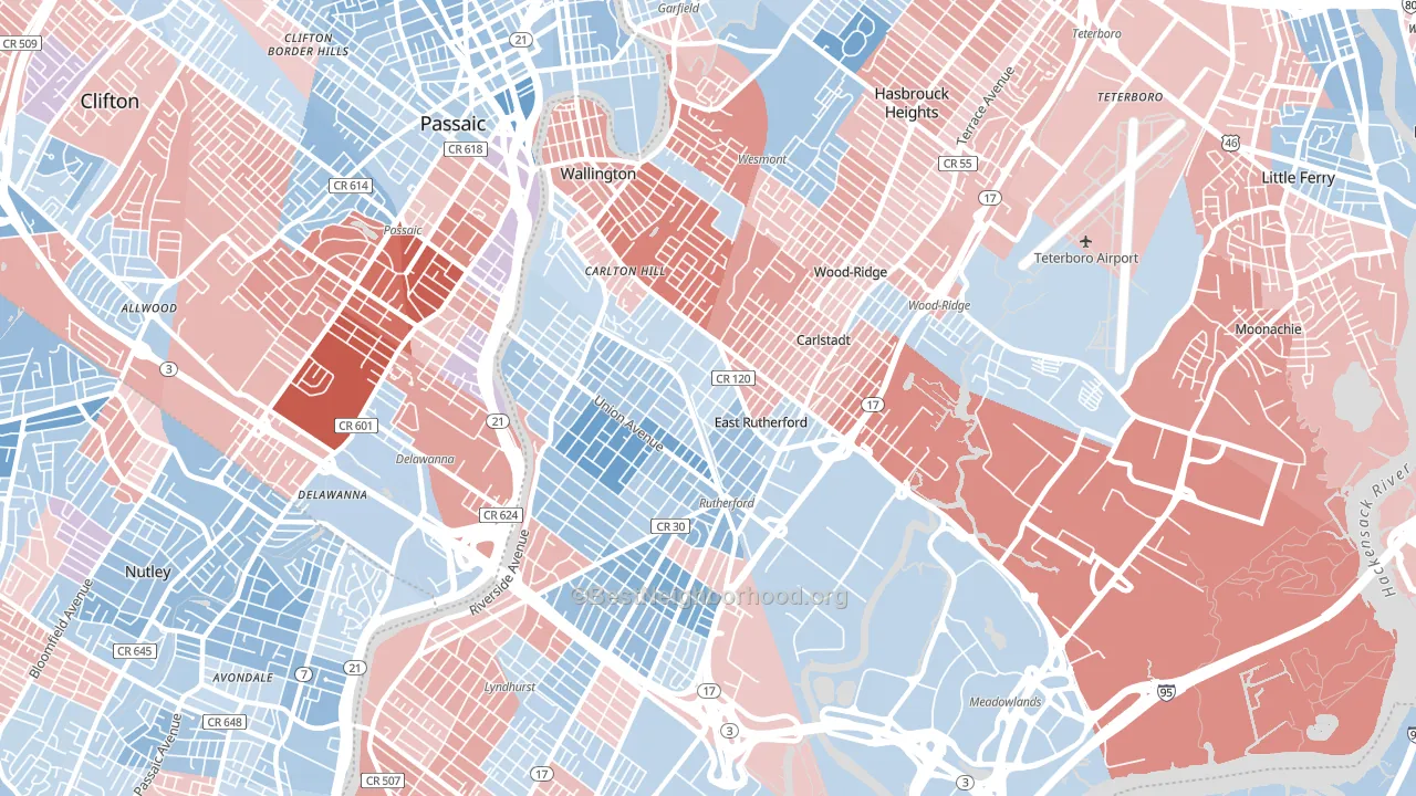 East Rutherford, NJ block-group political-lean map