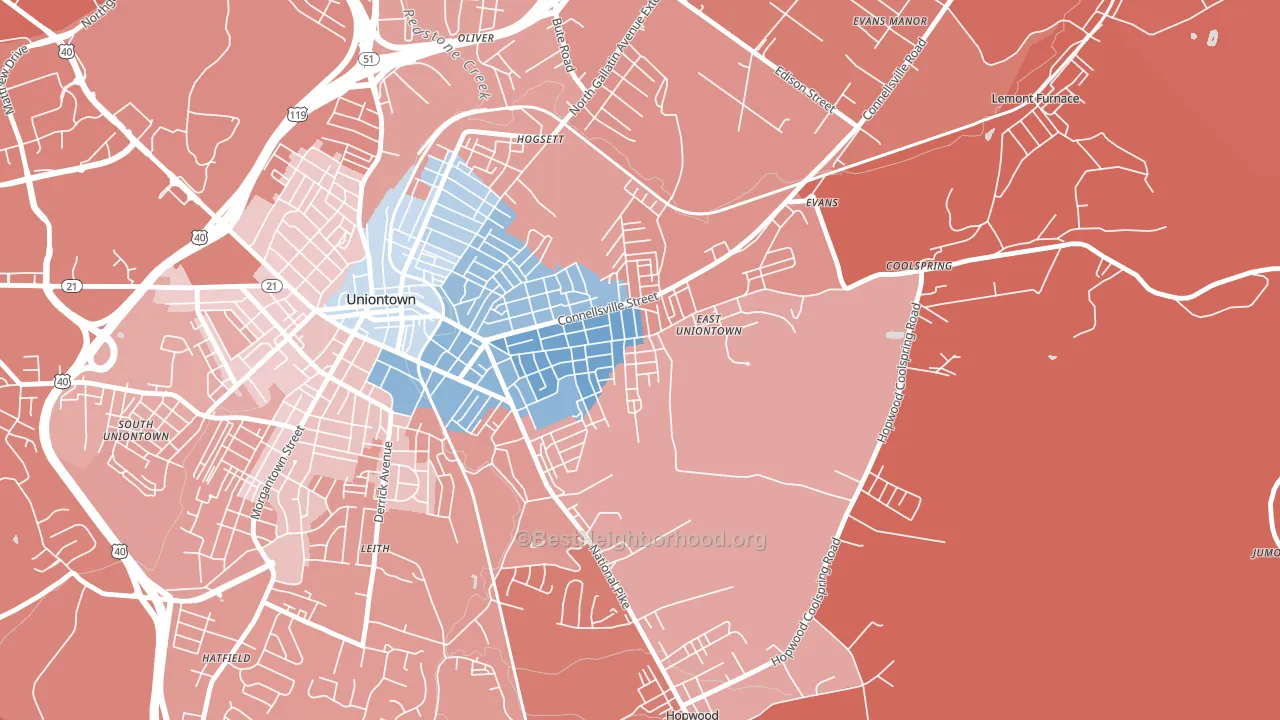 East Uniontown, PA block-group political-lean map