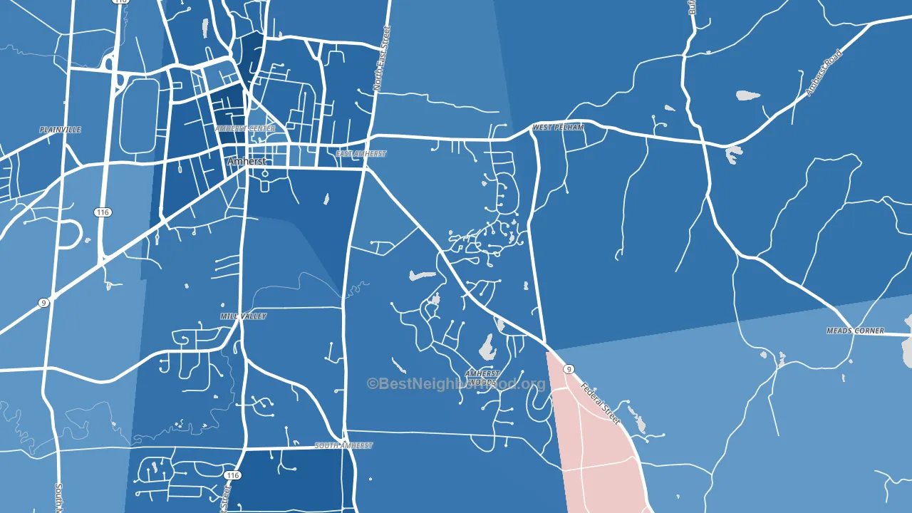 East Village, Amherst, MA block-group political-lean map