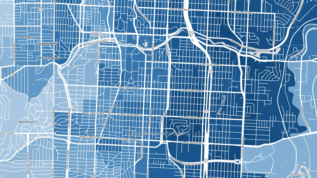 Eastern 49-63, Kansas City, MO block-group political-lean map
