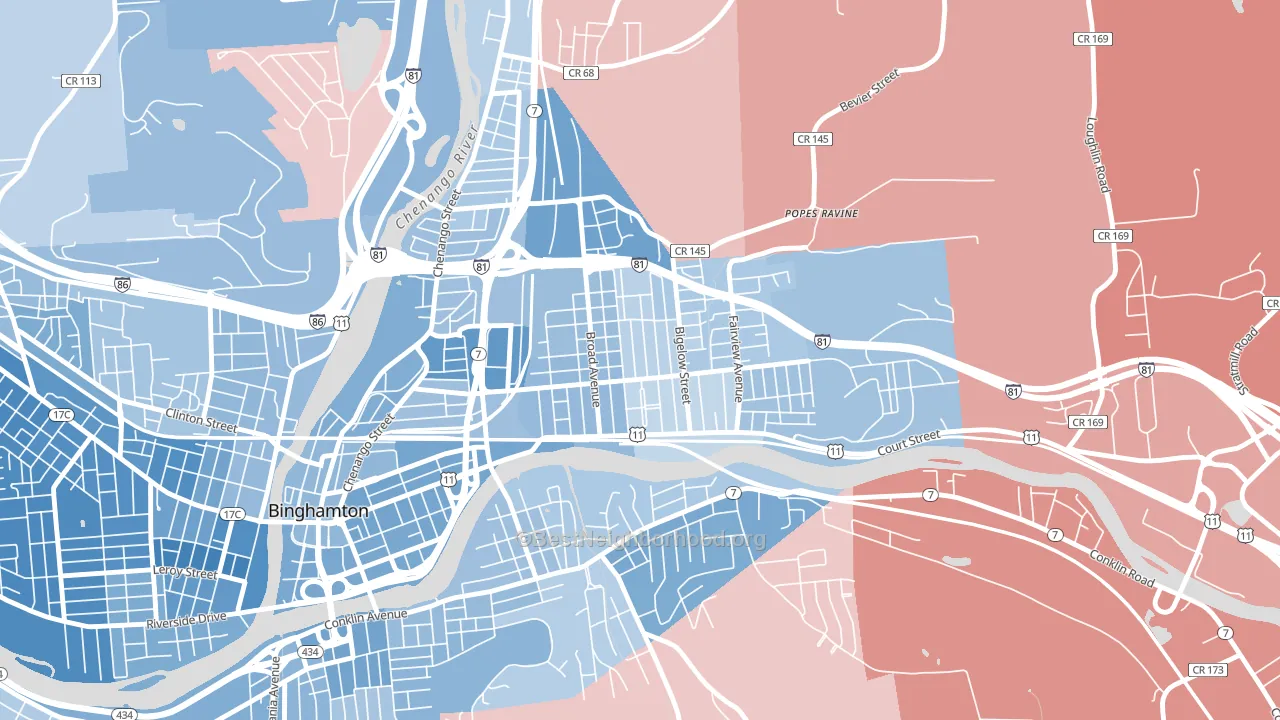 Eastside, Binghamton, NY block-group political-lean map