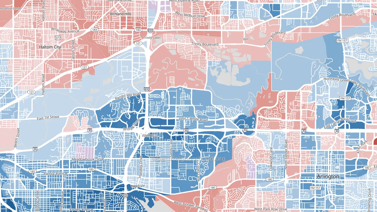Eastside, Fort Worth, TX block-group political-lean map