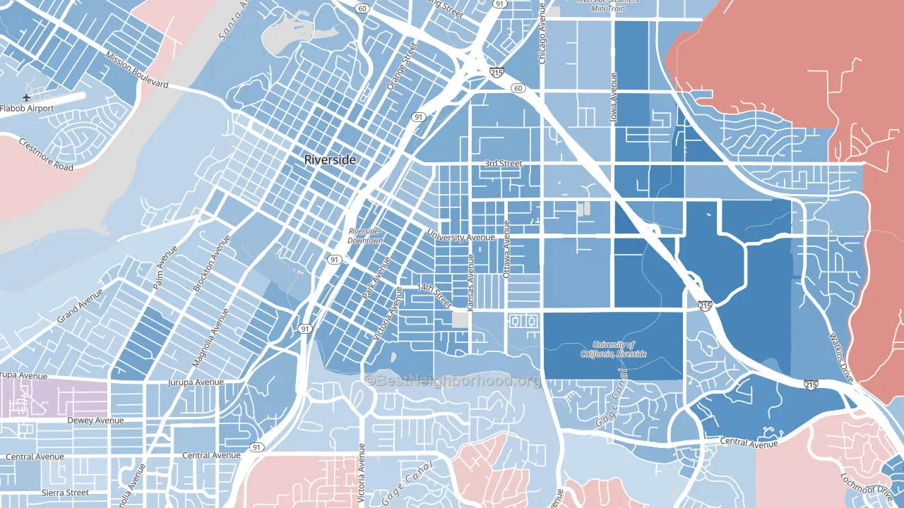 Eastside, Riverside, CA block-group political-lean map
