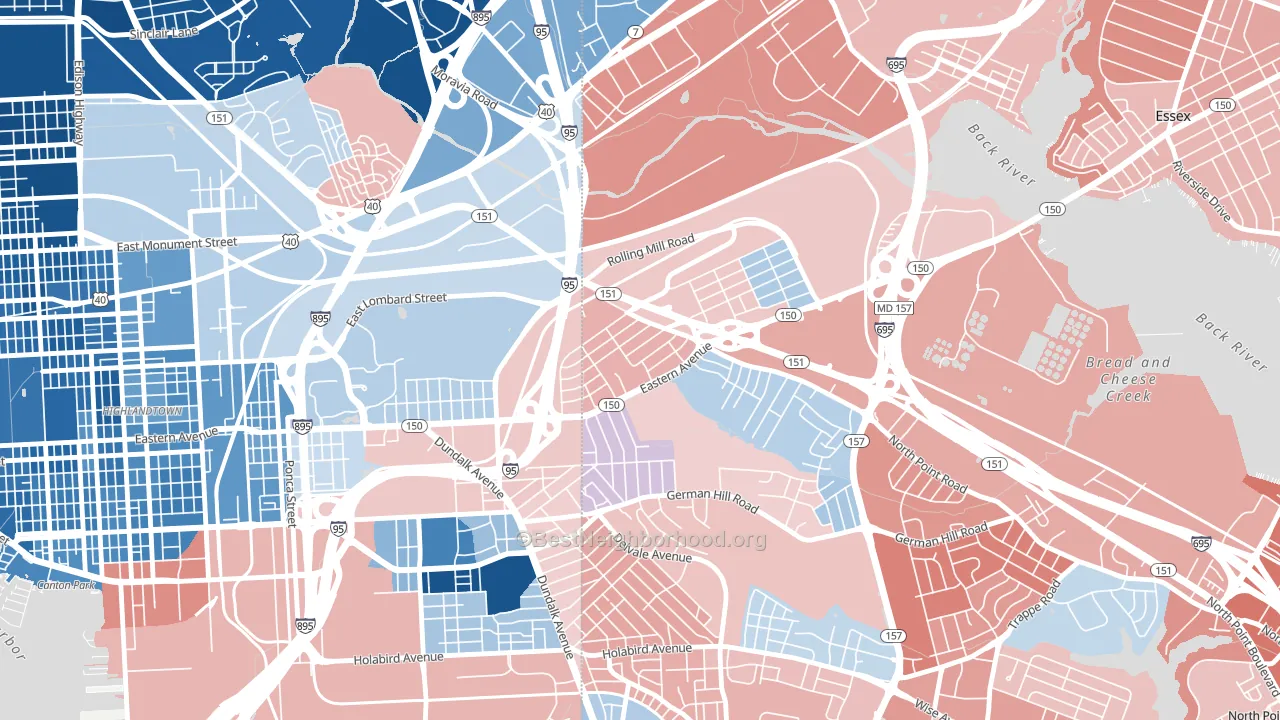 Eastwood, Dundalk, MD block-group political-lean map