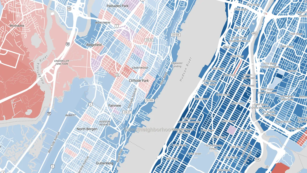 Edgewater, NJ block-group political-lean map