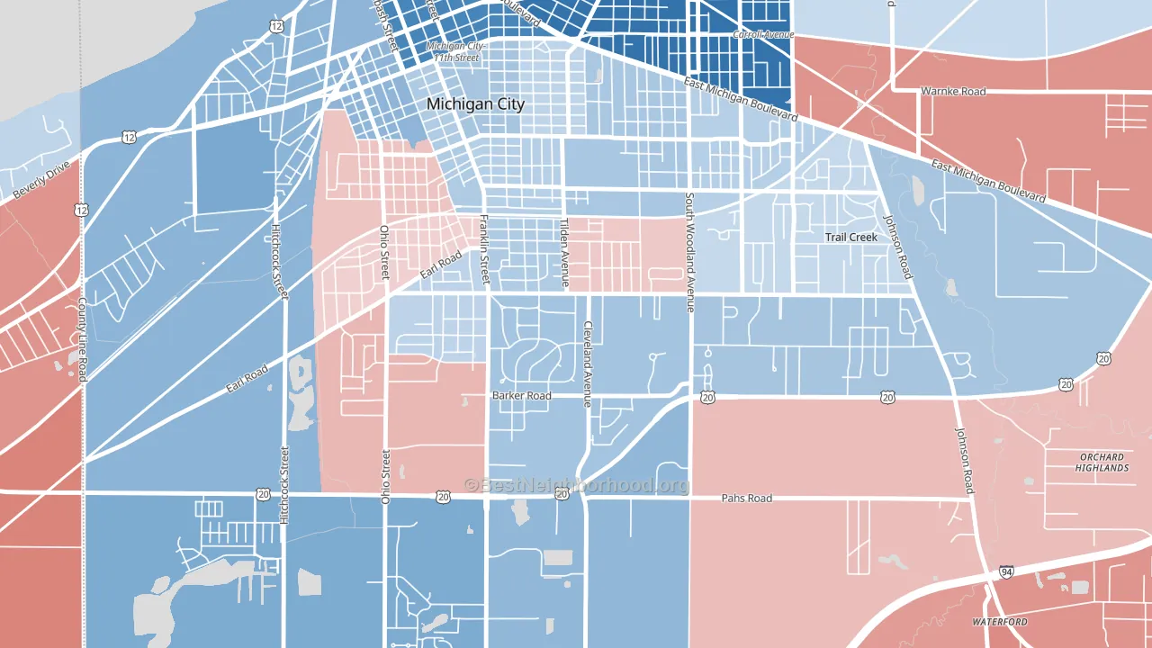 Edgewood, Michigan City, IN block-group political-lean map
