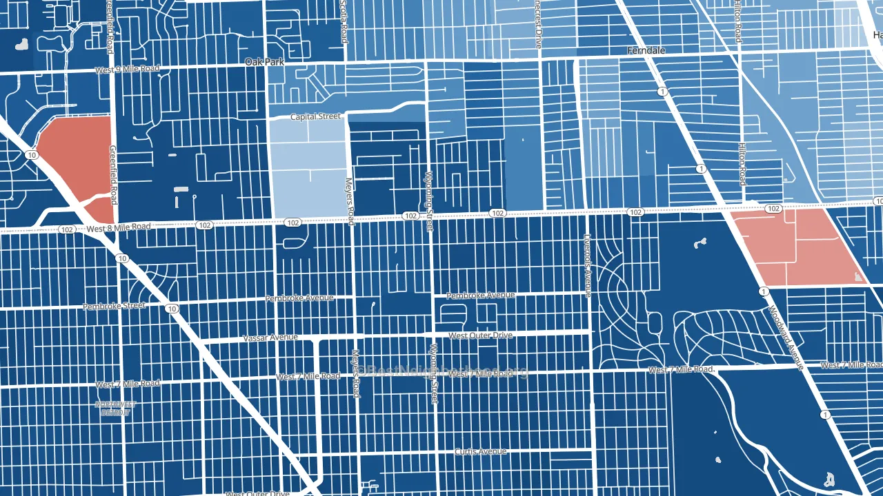 Eight Mile Wyoming, Detroit, MI block-group political-lean map