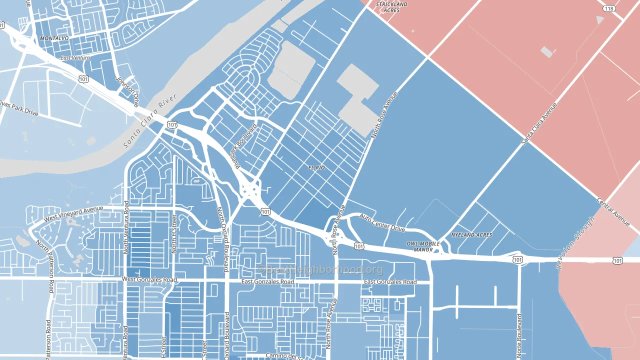 El Rio, Oxnard, CA block-group political-lean map
