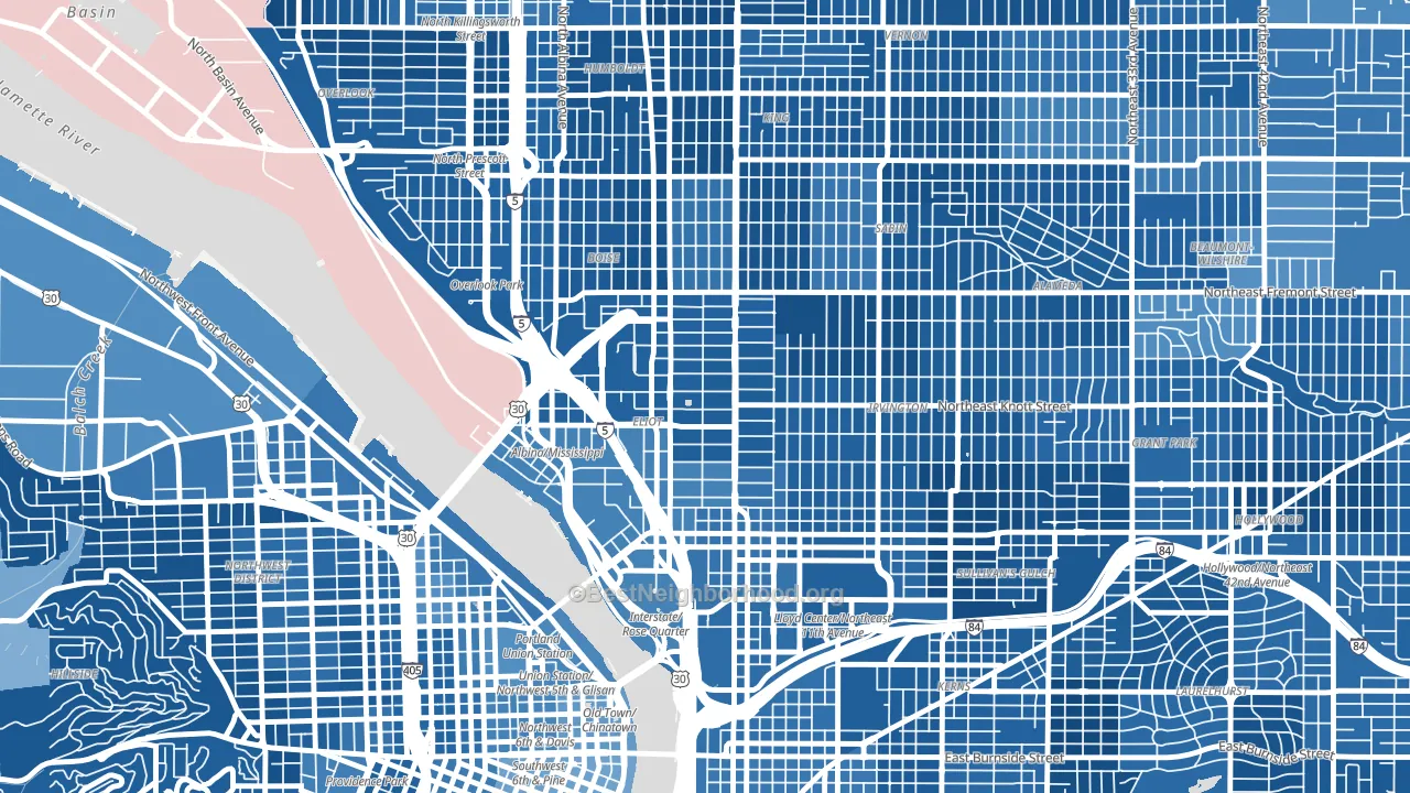 Eliot, Portland, OR block-group political-lean map
