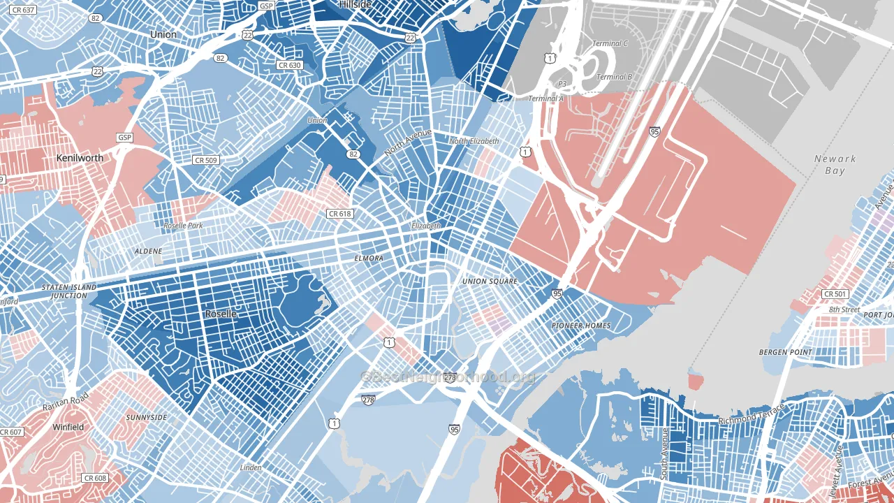 Elizabeth, NJ block-group political-lean map