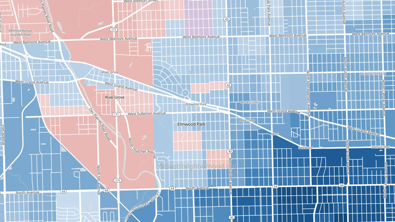 Ellsworth, Elmwood Park, IL block-group political-lean map