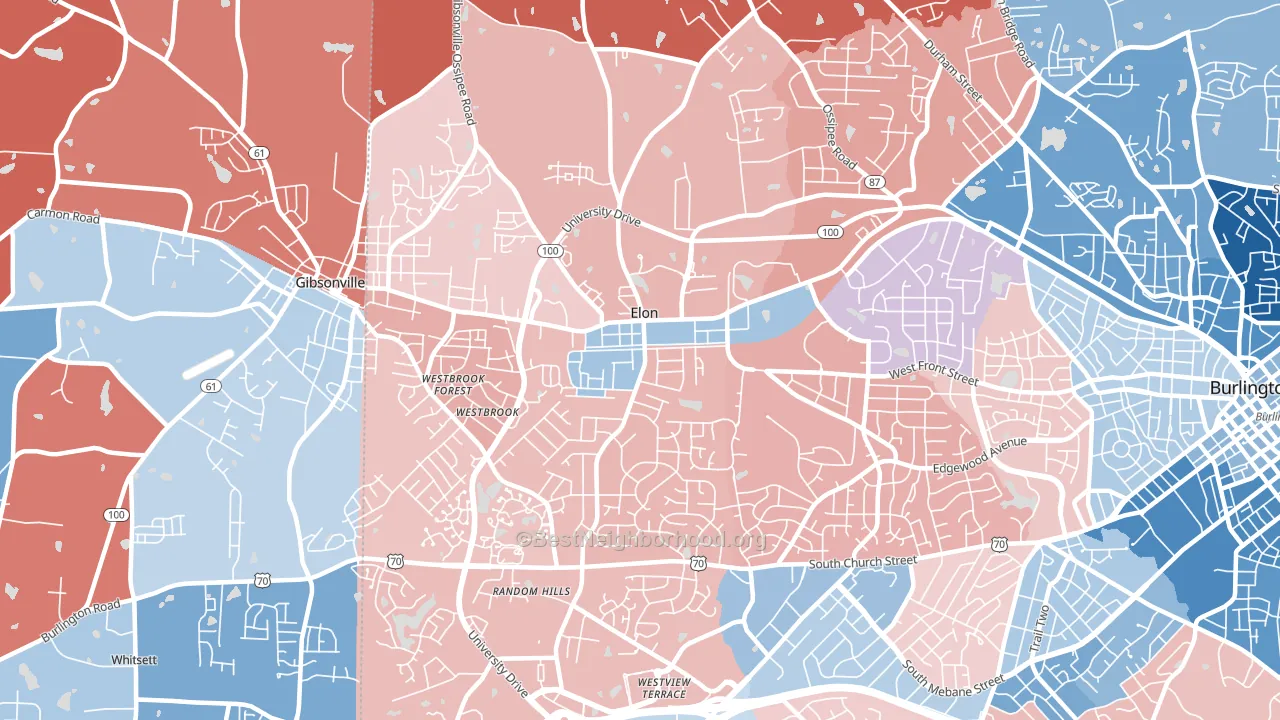 Elon, NC block-group political-lean map