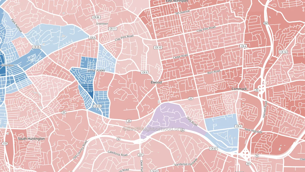 Elwood, East Northport, NY block-group political-lean map