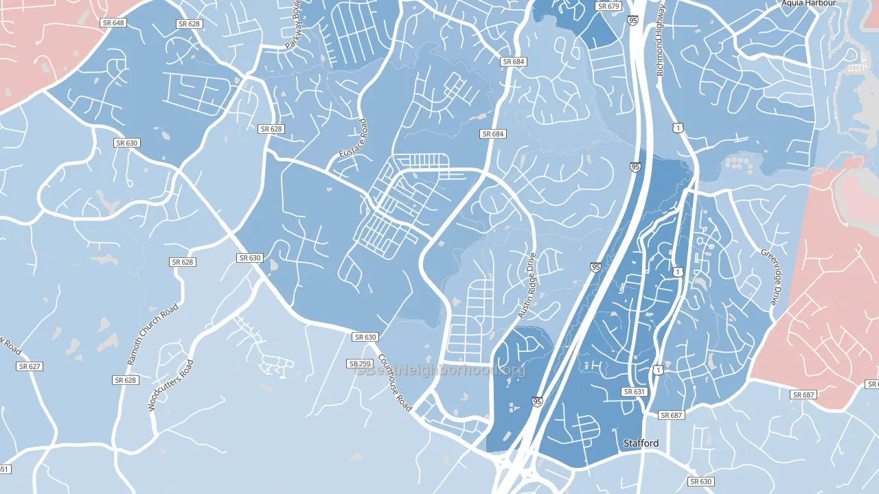 Embrey Mill, Stafford, VA block-group political-lean map
