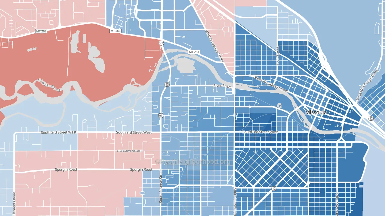 Emma Dickinson Orchard Homes, Missoula, MT block-group political-lean map