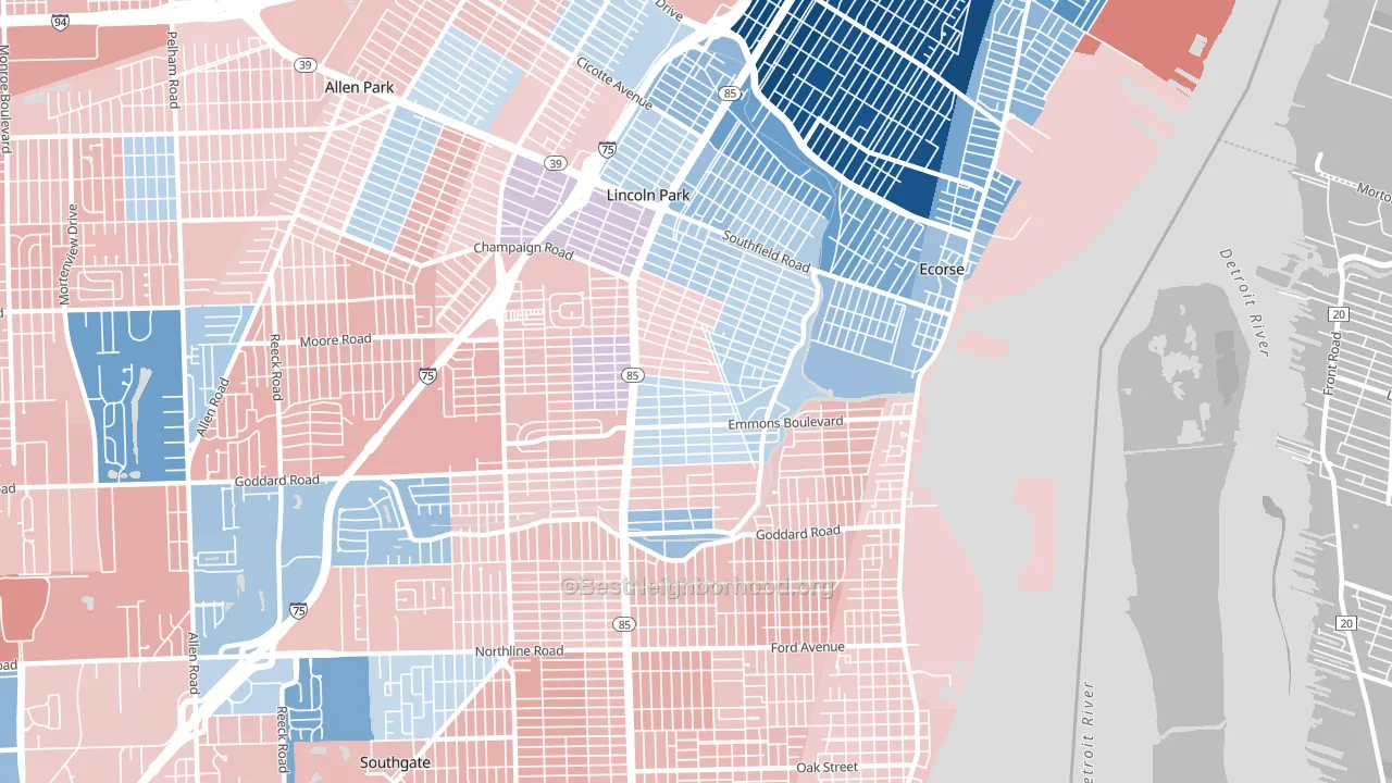 Emmons Orchard, Lincoln Park, MI block-group political-lean map